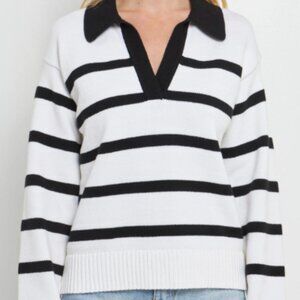 English Factory Striped Collared Sweater Black and White XS